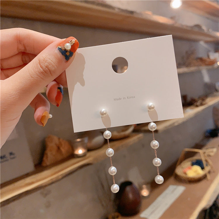 Long Pearl String Tassel Silver Earrings With Simple Personality