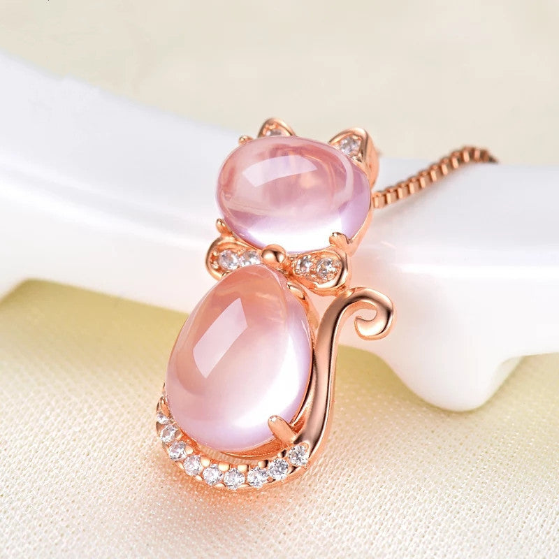 Korean Necklace Rose Gold Plated Natural Ross Quartz Pink Crystal Cat Women's Clavicle Chain