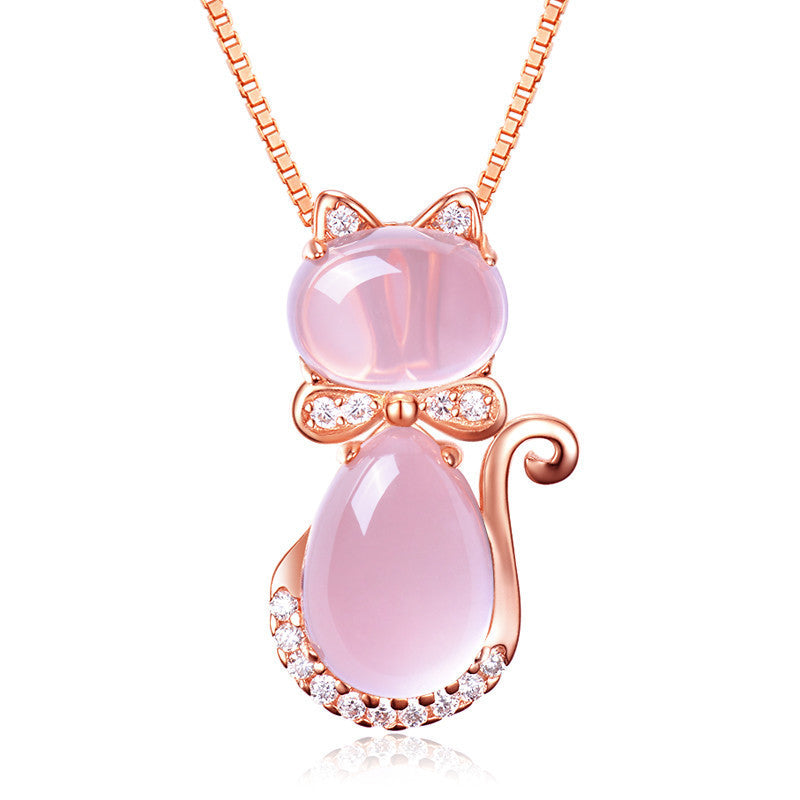 Korean Necklace Rose Gold Plated Natural Ross Quartz Pink Crystal Cat Women's Clavicle Chain