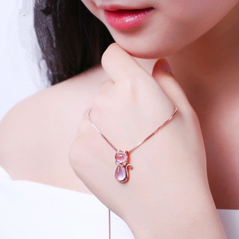 Korean Necklace Rose Gold Plated Natural Ross Quartz Pink Crystal Cat Women's Clavicle Chain