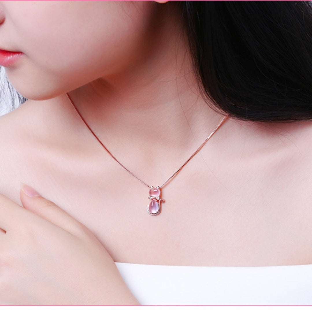 Korean Necklace Rose Gold Plated Natural Ross Quartz Pink Crystal Cat Women's Clavicle Chain