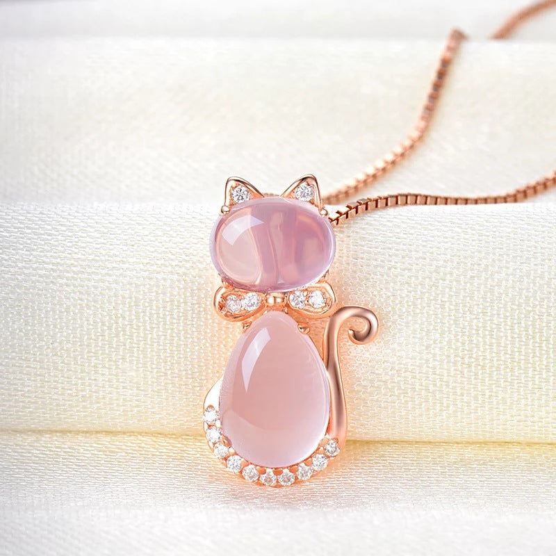 Korean Necklace Rose Gold Plated Natural Ross Quartz Pink Crystal Cat Women's Clavicle Chain